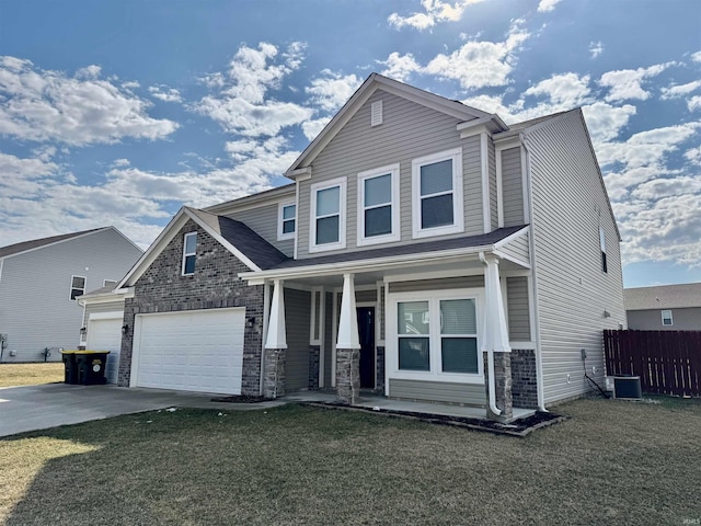 view of front facade featuring a porch, an attached garage, cooling unit, driveway, and a front lawn