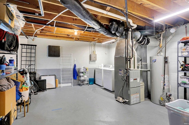 unfinished basement with washer and dryer, gas water heater, electric panel, and heating unit