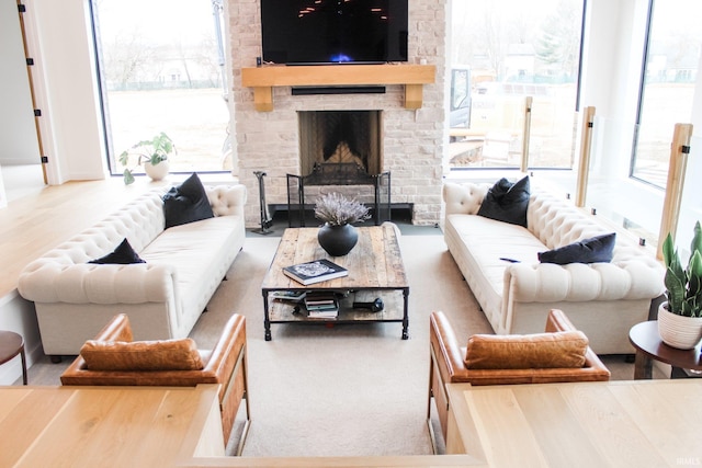 living area with wood finished floors and a fireplace