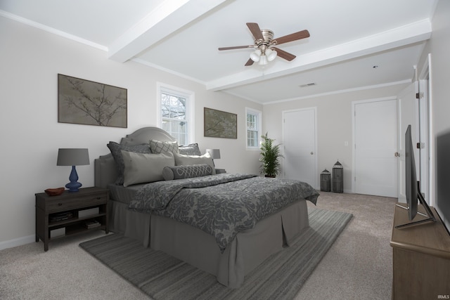 bedroom featuring baseboards, visible vents, light colored carpet, ornamental molding, and beamed ceiling