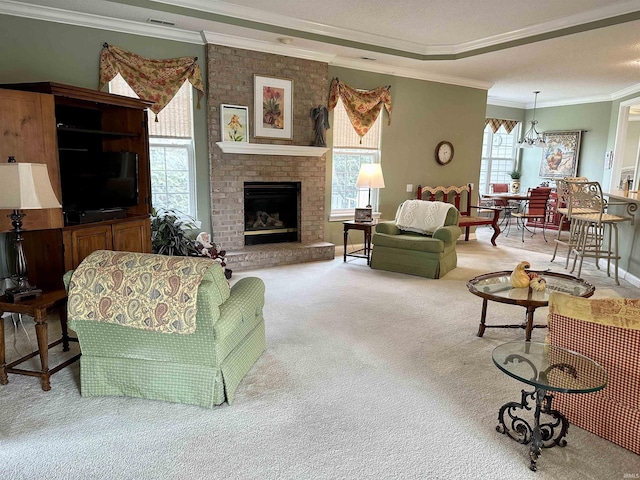 living room featuring a fireplace, visible vents, ornamental molding, light carpet, and baseboards