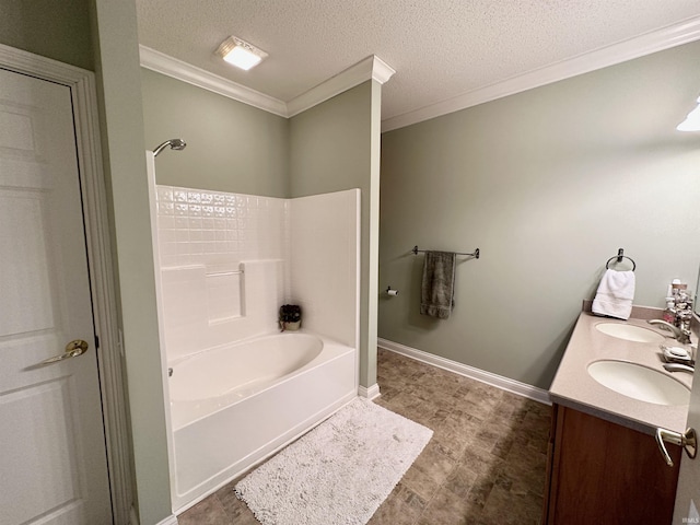 full bathroom with crown molding, a textured ceiling, baseboards, and a sink