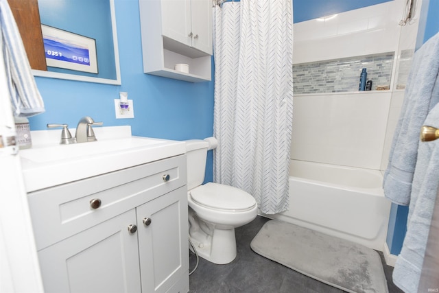 full bath with toilet, shower / tub combo, and vanity