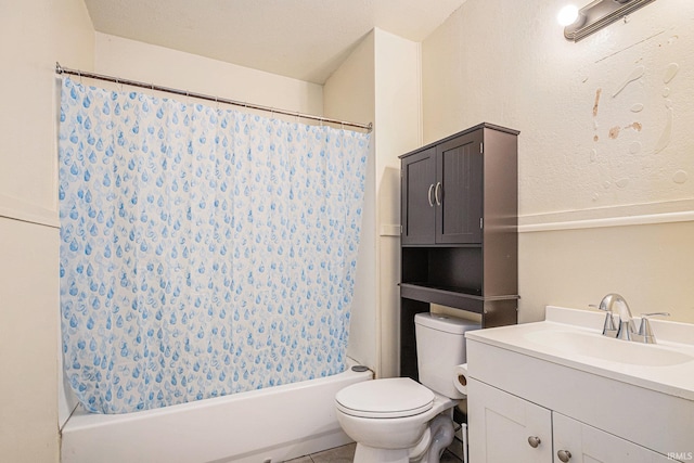 bathroom featuring toilet, tile patterned floors, shower / bath combo with shower curtain, and vanity