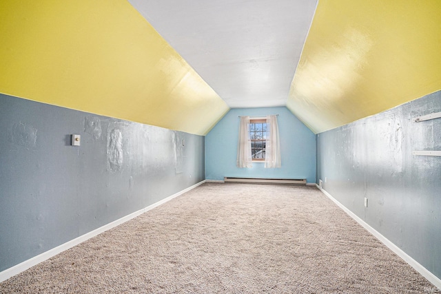 bonus room with carpet, a baseboard radiator, baseboards, and vaulted ceiling