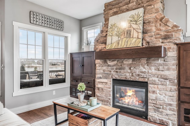 living room featuring a fireplace, baseboards, and wood finished floors