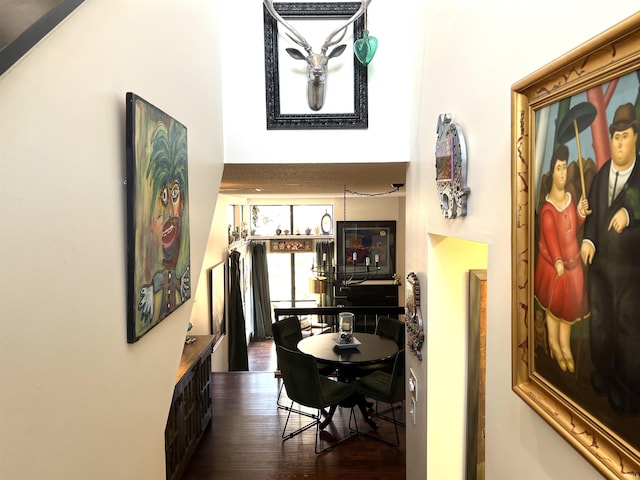 hall featuring a high ceiling and dark wood finished floors