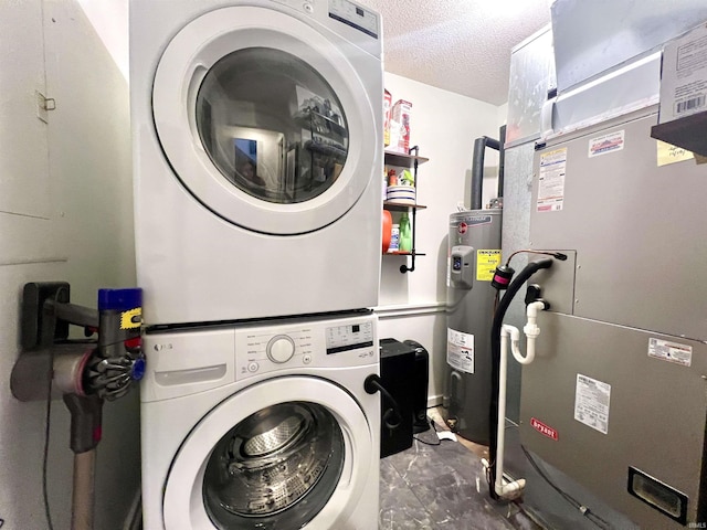 laundry room with laundry area, stacked washer and dryer, heating unit, a textured ceiling, and water heater