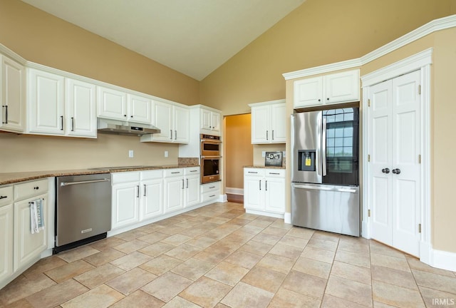 kitchen featuring high vaulted ceiling, under cabinet range hood, stainless steel appliances, white cabinetry, and baseboards