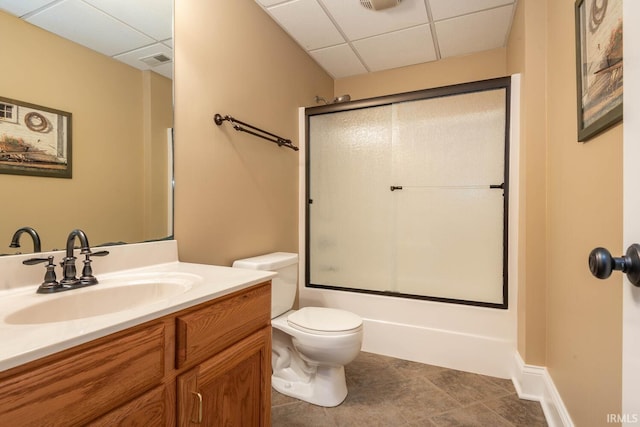 full bathroom with a paneled ceiling, visible vents, vanity, and toilet