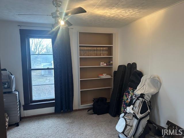 misc room with a healthy amount of sunlight, built in shelves, a ceiling fan, and carpet flooring