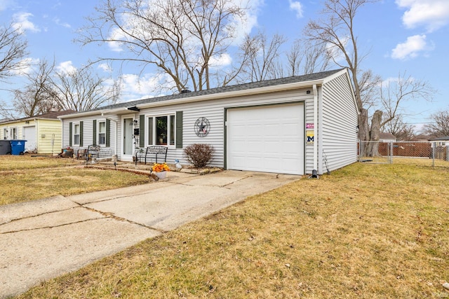 single story home with a garage, driveway, a front yard, and fence