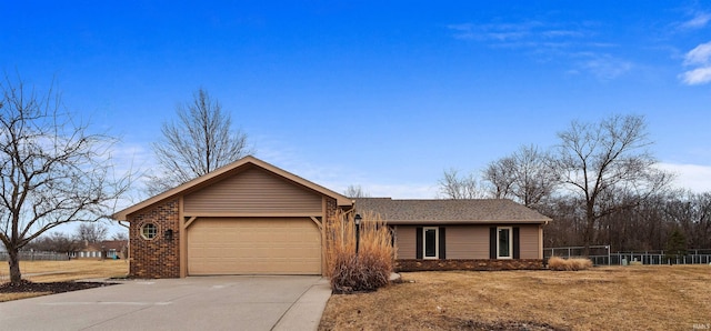 ranch-style home featuring concrete driveway, brick siding, fence, and an attached garage