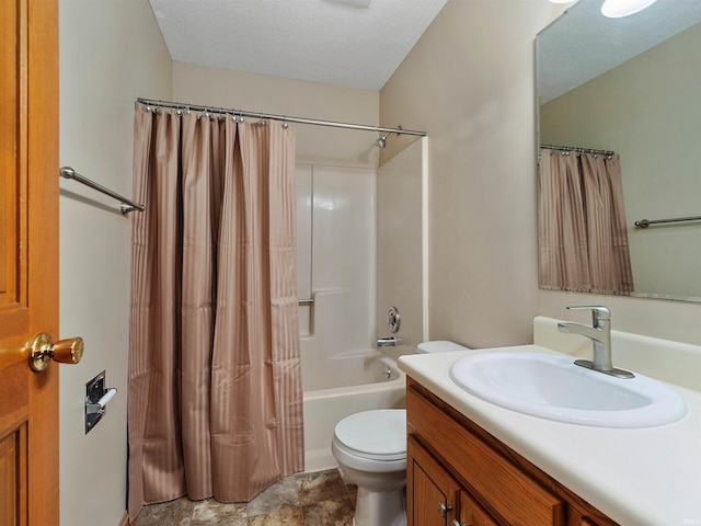 bathroom featuring a textured ceiling, vanity, toilet, and shower / bathtub combination with curtain