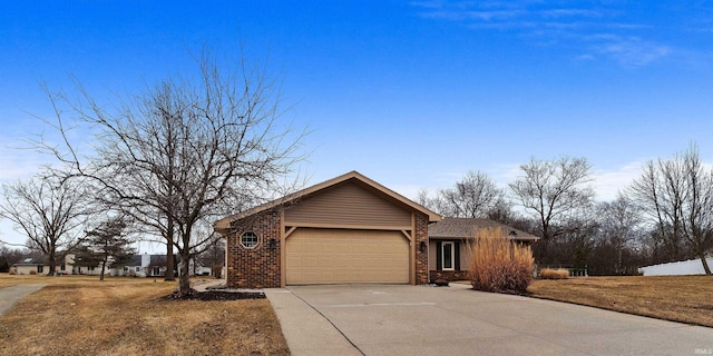 view of home's exterior featuring a garage, concrete driveway, and brick siding