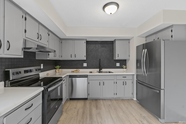 kitchen featuring under cabinet range hood, stainless steel appliances, a sink, backsplash, and light wood finished floors