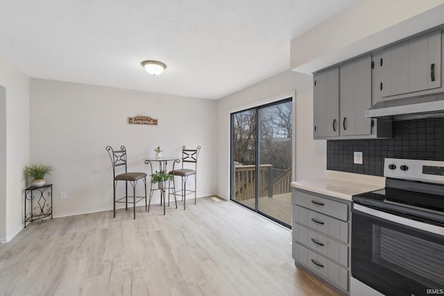 kitchen featuring gray cabinetry, under cabinet range hood, light wood-type flooring, backsplash, and stainless steel electric range oven