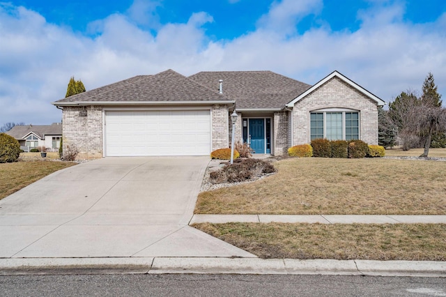 ranch-style house featuring an attached garage, brick siding, a shingled roof, concrete driveway, and a front lawn