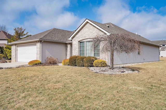 ranch-style home featuring a garage, concrete driveway, brick siding, and a front lawn