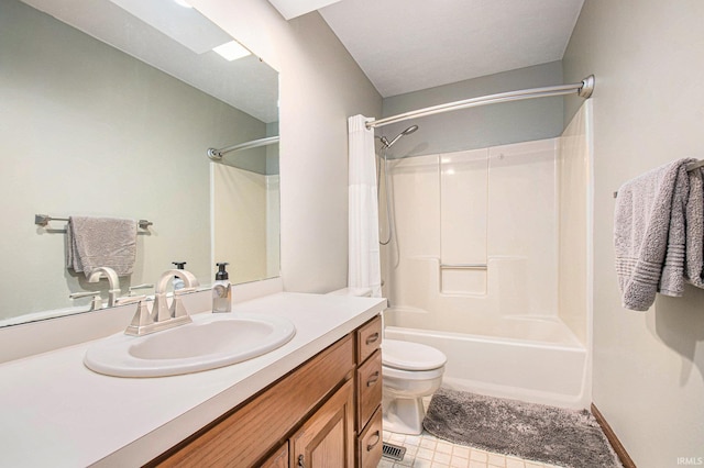 bathroom with shower / bathtub combination, vanity, and toilet