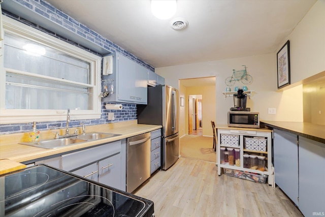 kitchen with light wood finished floors, visible vents, decorative backsplash, appliances with stainless steel finishes, and a sink