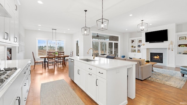 kitchen with stainless steel appliances, light wood-type flooring, a glass covered fireplace, and a sink