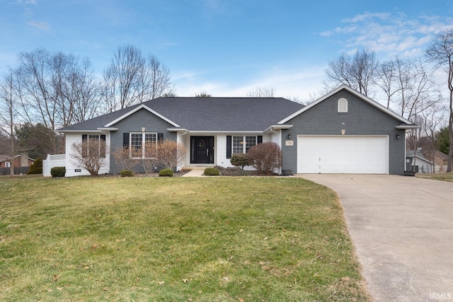 single story home with a front yard, brick siding, and driveway