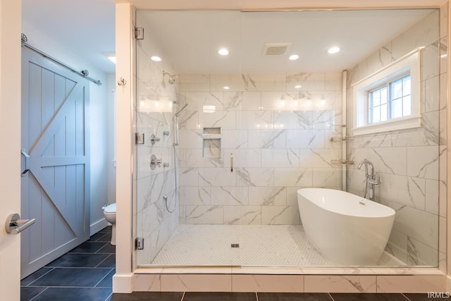 full bath with recessed lighting, a soaking tub, visible vents, a shower stall, and tile patterned flooring