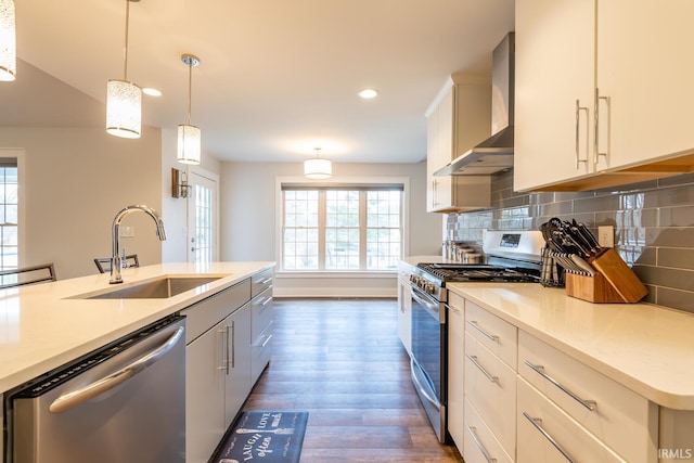 kitchen featuring tasteful backsplash, dark wood-style floors, stainless steel appliances, wall chimney range hood, and a sink