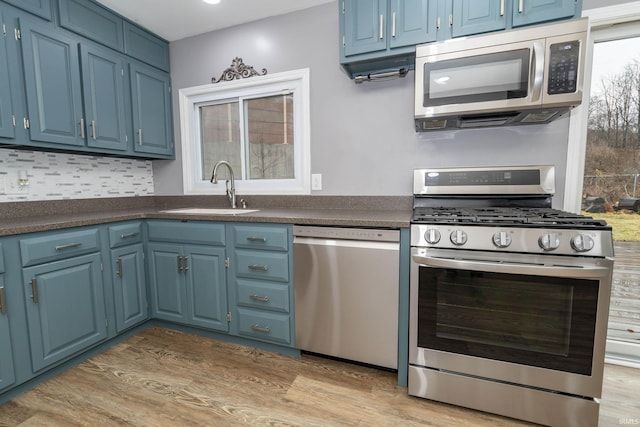 kitchen with blue cabinetry, stainless steel appliances, dark countertops, a sink, and light wood-type flooring