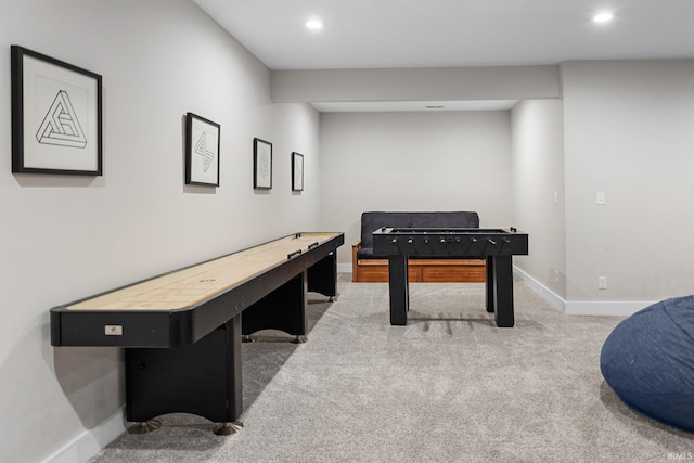 recreation room with recessed lighting, carpet flooring, and baseboards