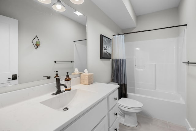 bathroom with toilet, shower / bath combo, vanity, and tile patterned floors