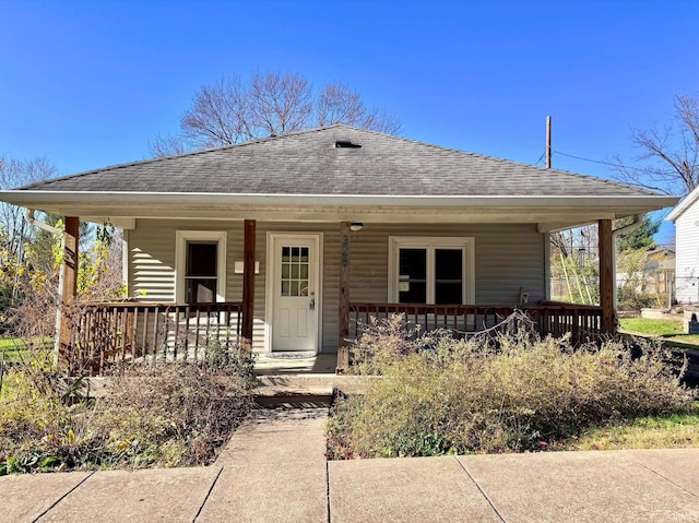 bungalow-style home with a porch and a shingled roof