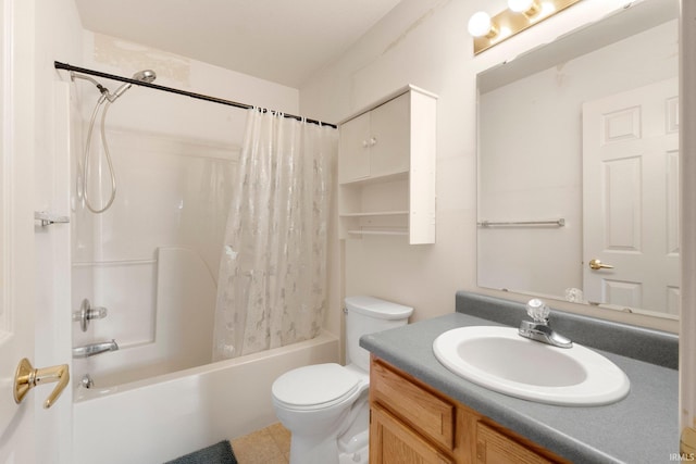 bathroom with shower / bath combo, vanity, and toilet