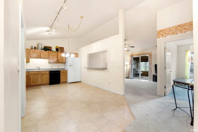 kitchen with light colored carpet, ceiling fan with notable chandelier, white refrigerator with ice dispenser, a sink, and black dishwasher