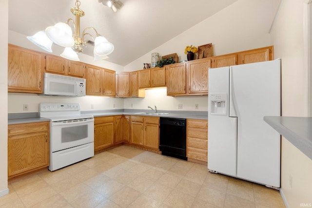 kitchen featuring lofted ceiling, light countertops, a sink, a chandelier, and white appliances