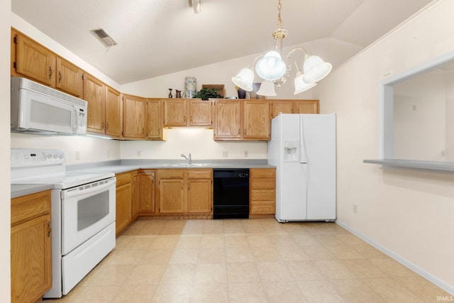 kitchen featuring white appliances, visible vents, vaulted ceiling, light countertops, and a sink