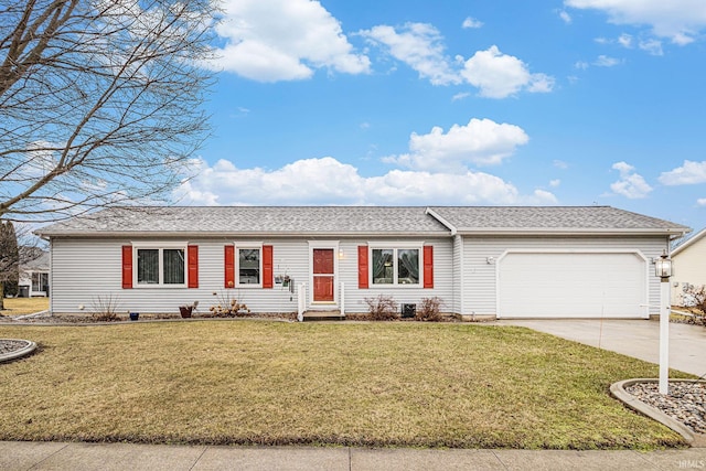 ranch-style house with an attached garage, driveway, a shingled roof, and a front yard