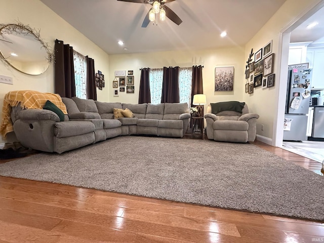 living room with recessed lighting, ceiling fan, and wood finished floors