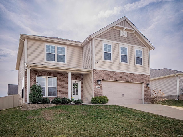 view of front of property featuring brick siding, fence, concrete driveway, and a front yard