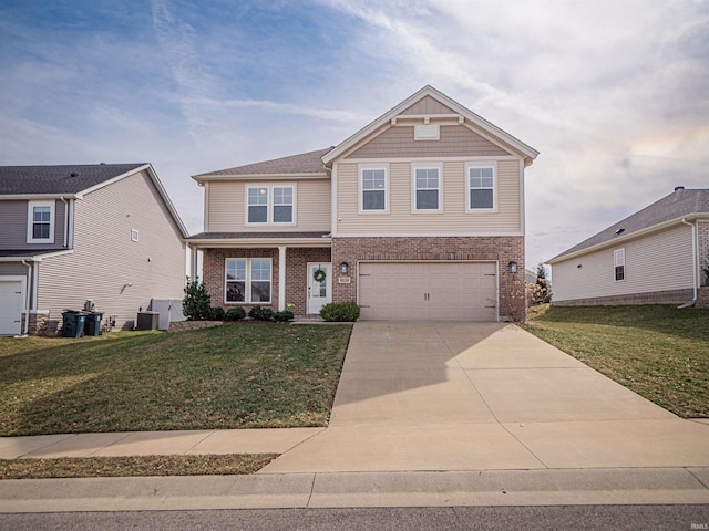 view of front of property with a garage, a front yard, brick siding, and driveway