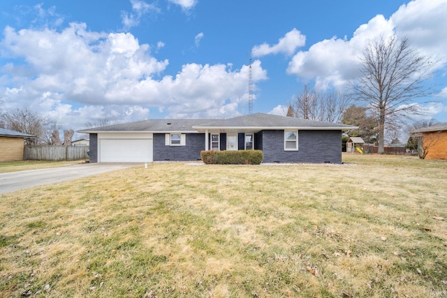 ranch-style home featuring concrete driveway, a front yard, crawl space, fence, and a garage