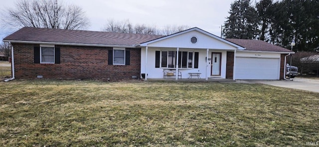 ranch-style house featuring a garage, driveway, brick siding, covered porch, and a front yard