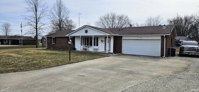 ranch-style home with driveway, an attached garage, covered porch, a front lawn, and brick siding