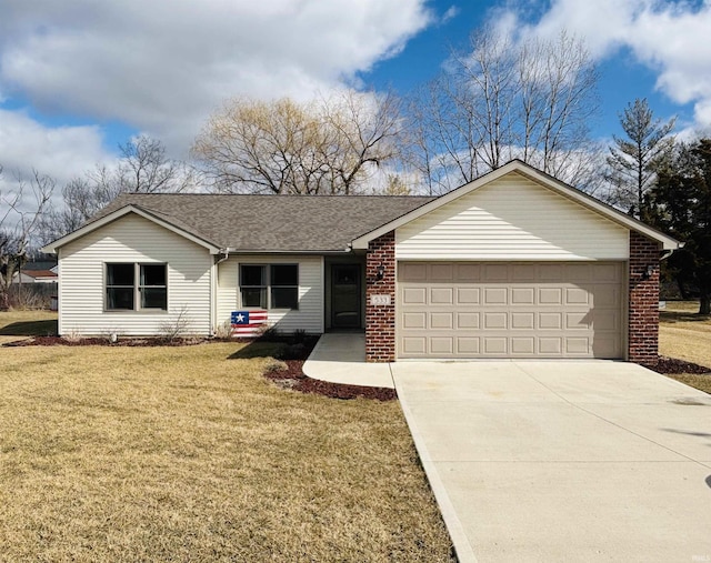 single story home with a garage, concrete driveway, brick siding, and a front lawn