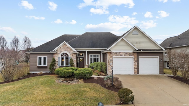 view of front of home with roof with shingles, concrete driveway, a front yard, a garage, and stone siding