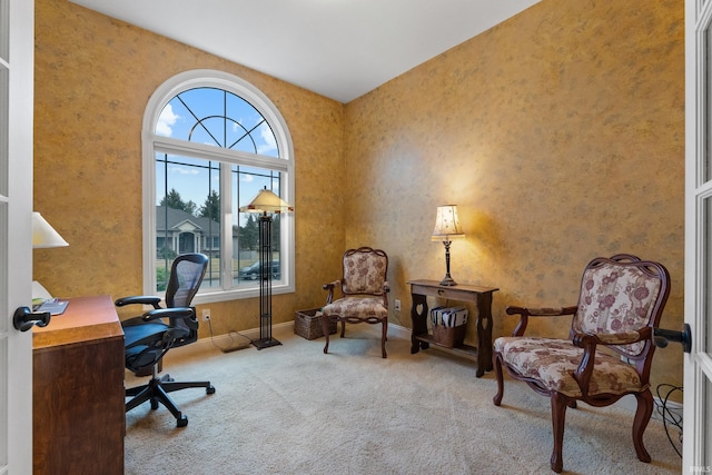 carpeted home office with baseboards