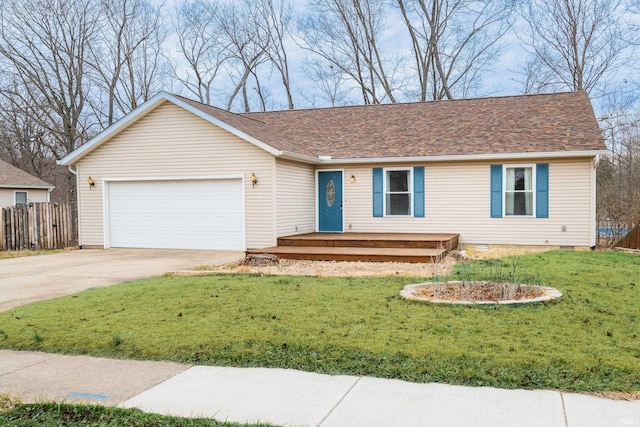 ranch-style house featuring a garage, crawl space, fence, and a front lawn