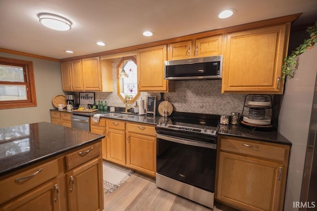 kitchen with appliances with stainless steel finishes, a sink, light wood-style flooring, and tasteful backsplash