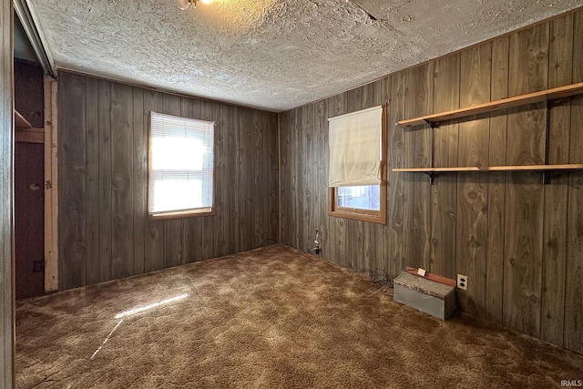 carpeted spare room featuring wood walls and a textured ceiling